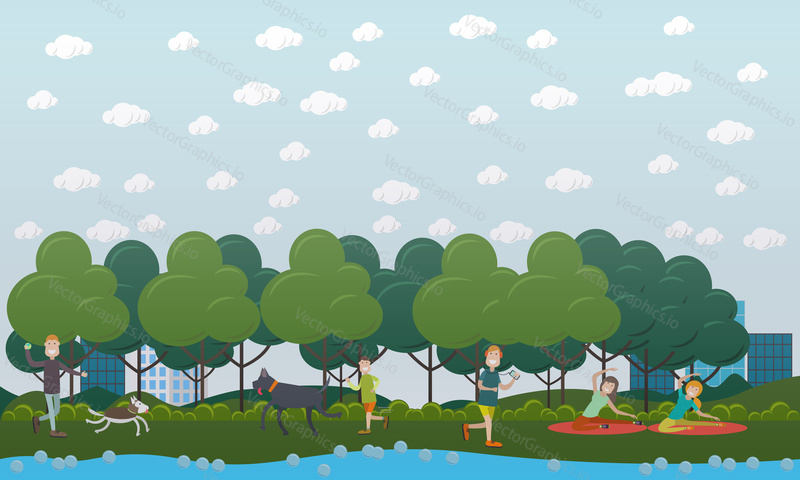 Walking with dog in the park concept vector illustration. People walking dogs, playing games with pets, training them. Flat style design.