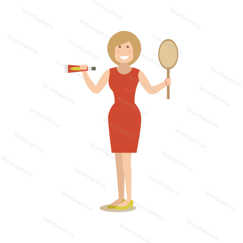 Vector illustration of young woman admiring her beauty while looking at mirror after cosmetic facial treatment. Spa people flat style design element, icon isolated on white background.