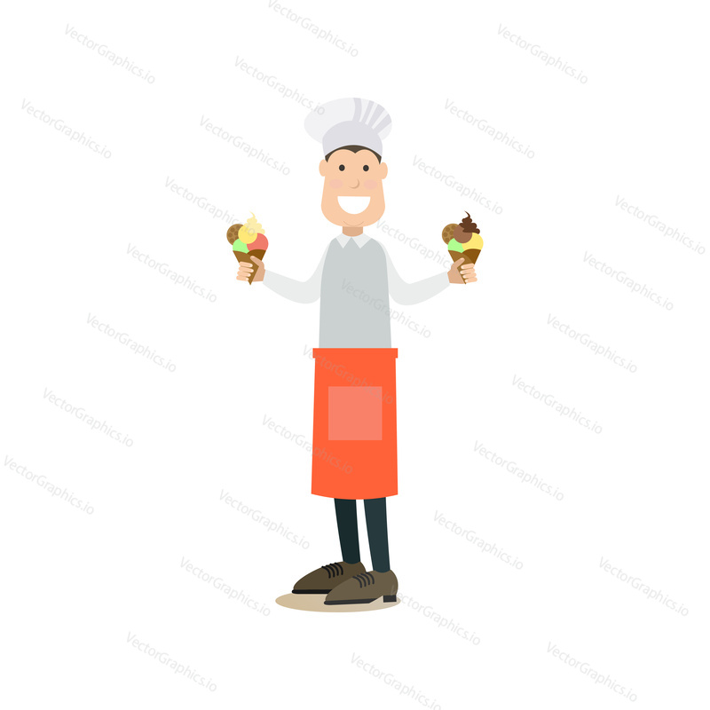 Vector illustration of happy smiling ice cream salesman holding ice cream cones in both hands. Street people flat style design element, icon isolated on white background.