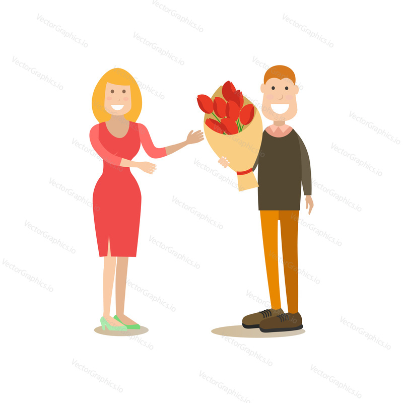 Vector illustration of man giving bouquet of red tulips to woman. Happy loving couple. People and relations concept flat style design element, icon isolated on white background.