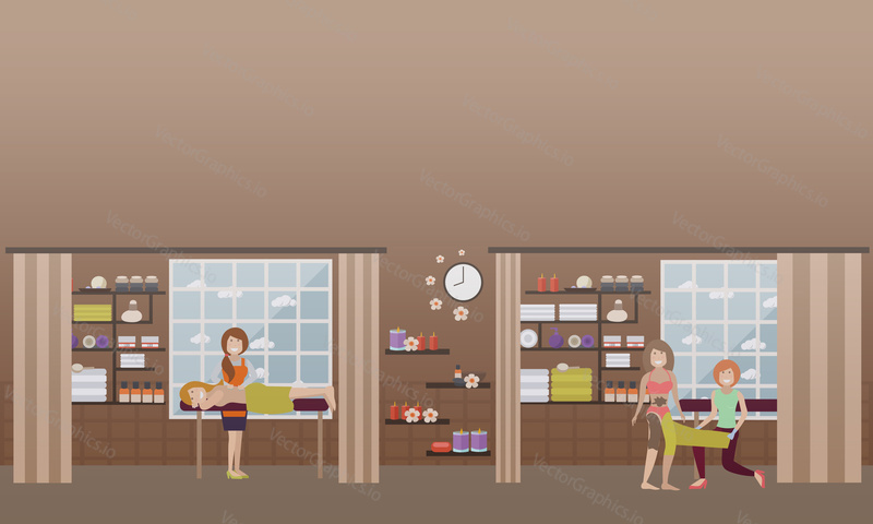 Vector illustration of women enjoying relaxation massage and warming body wraps. Spa services concept design elements in flat style.