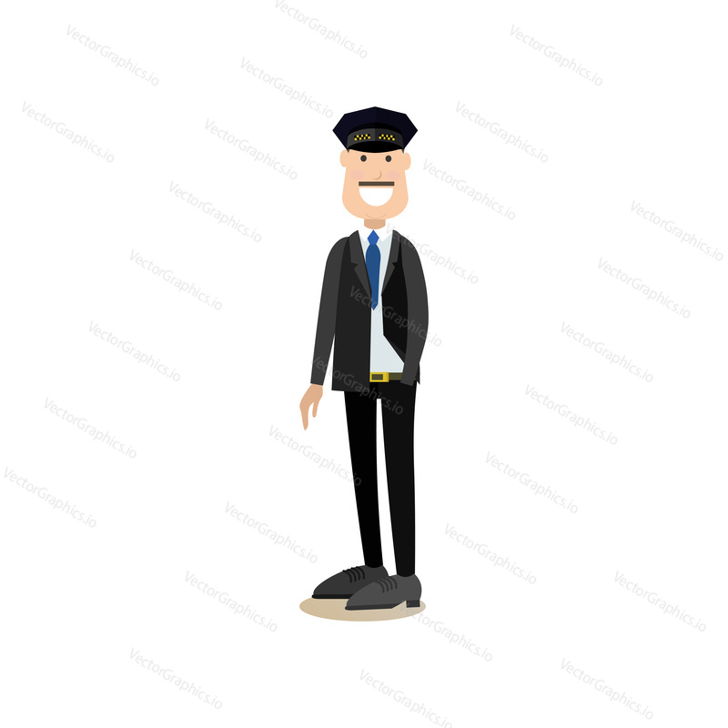 Vector illustration of smiling taxi driver standing with hand in pocket. Street people flat style design element, icon isolated on white background.