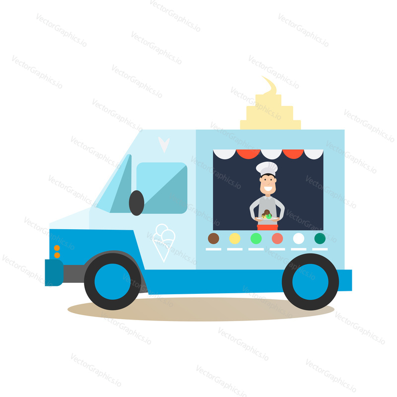 Vector illustration of street food truck and icecream salesman. Ice cream mobile shop for street food festival. Street people flat style design element, icon isolated on white background.