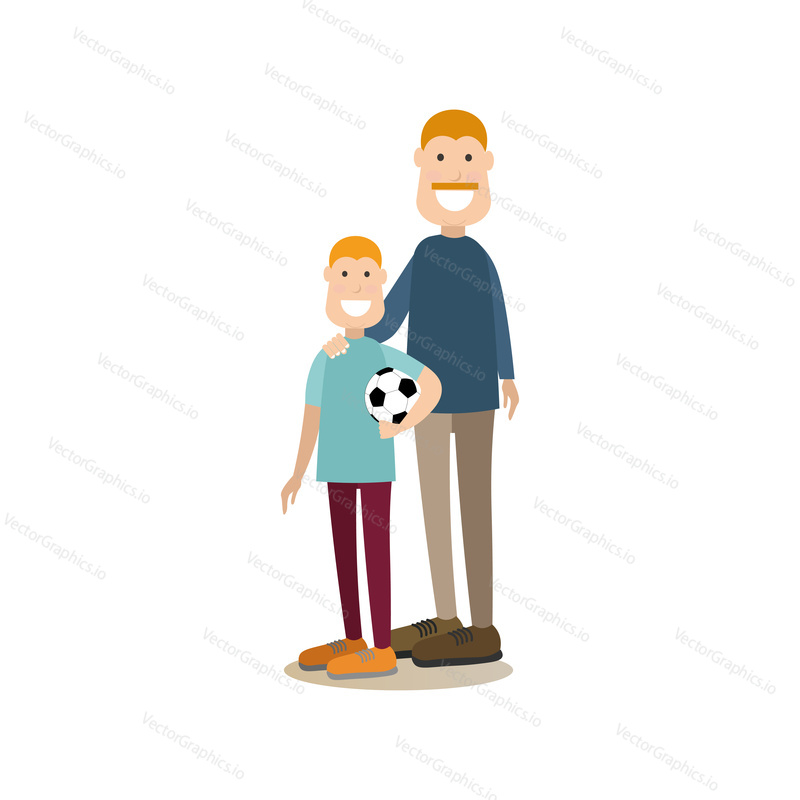 Vector illustration of father with his son holding ball. Childcare and parenting, people and relations concept flat style design element, icon isolated on white background.