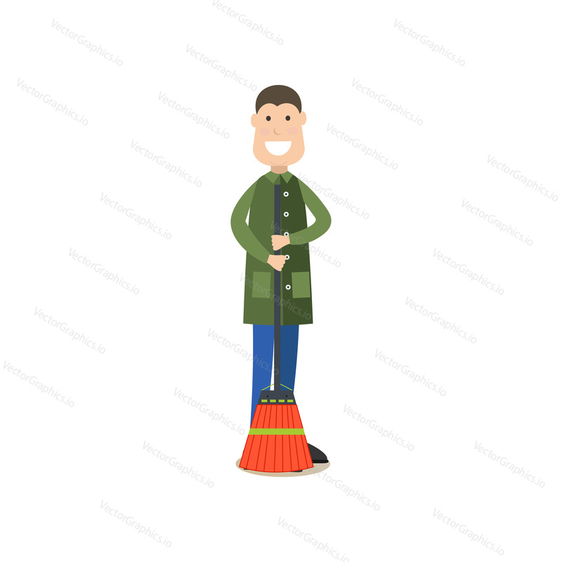 Vector illustration of janitor in working clothes. Young man street sweeper holding broom. Street people flat style design element, icon isolated on white background.