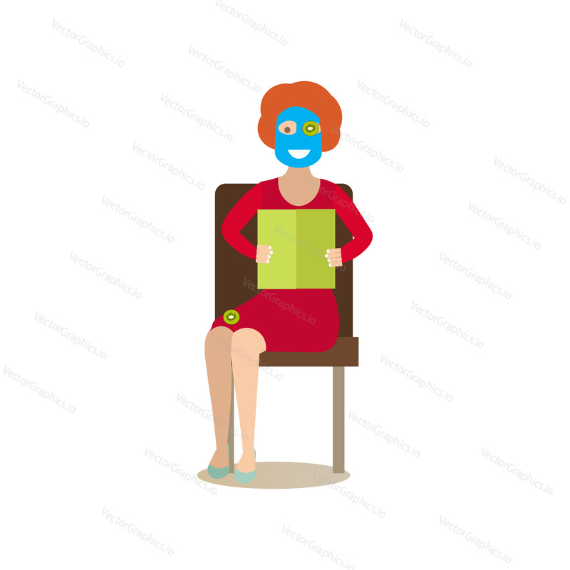 Vector illustration of young woman with kiwi face mask. Girl enjoying cosmetic facial treatment while reading book. Spa people flat style design element, icon isolated on white background.