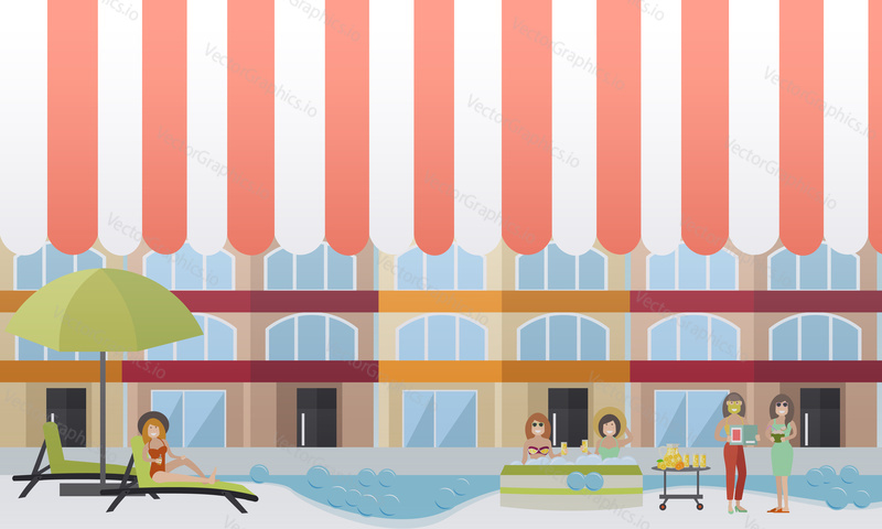 Vector illustration of young women enjoying the baths, cosmetic facial treatment and rest. Spa hotel services concept design elements in flat style.
