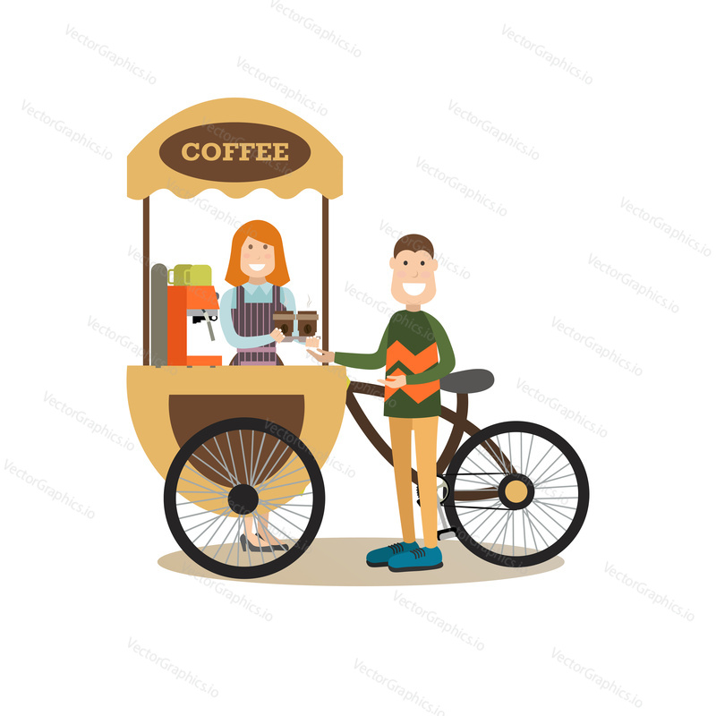 Векторная иллюстрация молодого человека, покупающего кофе, чтобы пойти в тележку с уличной едой, кофейный велосипед. Элемент дизайна в плоском стиле уличных людей, значок, выделенный на белом фоне.