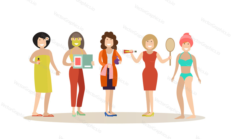 Vector illustration of women taking baths, getting facials, massages. Spa people flat style design elements, icons isolated on white background.