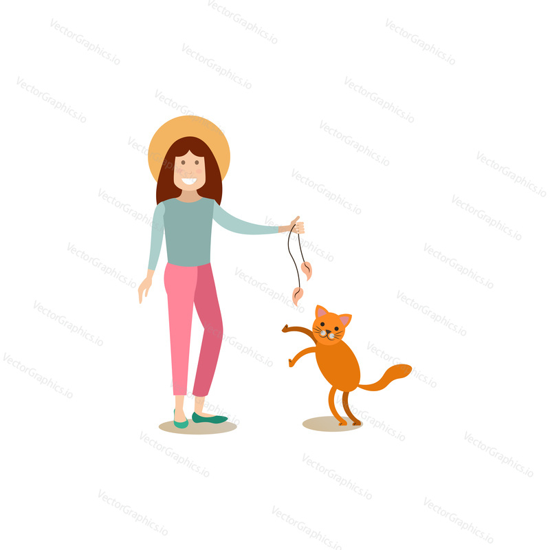 Vector illustration of woman playing with cat. Pet owner and her kitten flat style design element, icon isolated on white background.