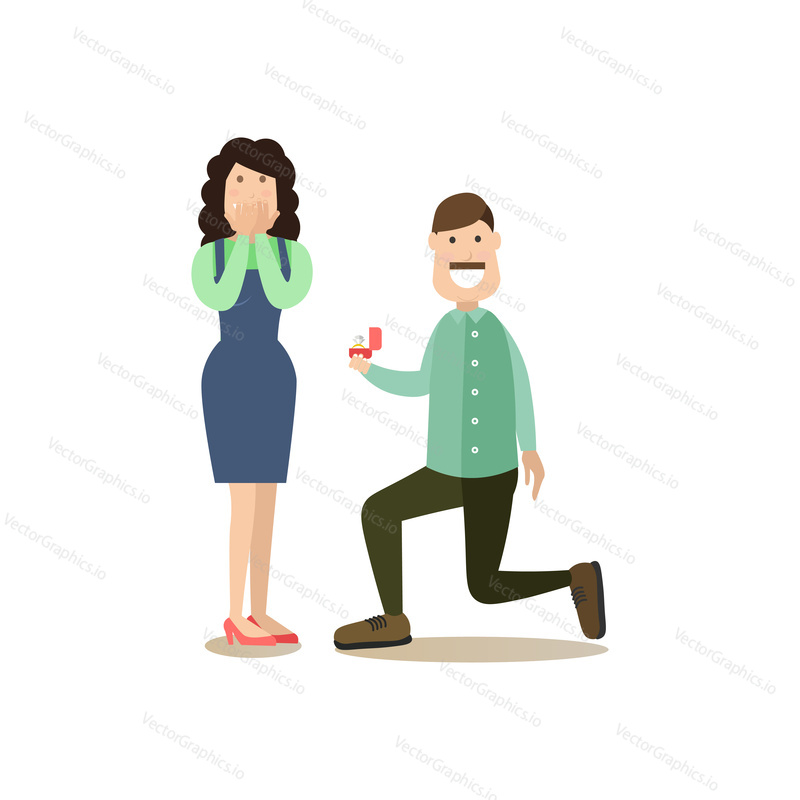 Vector illustration of man on one knee making proposal of marriage to his girlfriend. People and relations concept flat style design element, icon isolated on white background.
