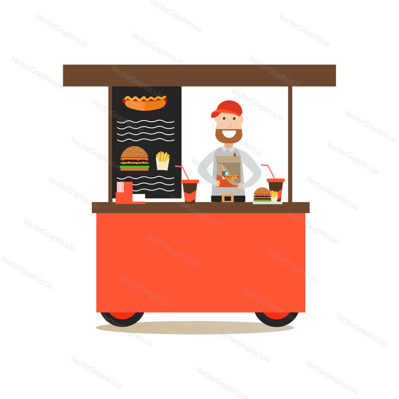 Vector illustration of street food cart and salesman holding paper bag with hot dog and soft drink. Street people flat style design element, icon isolated on white background.