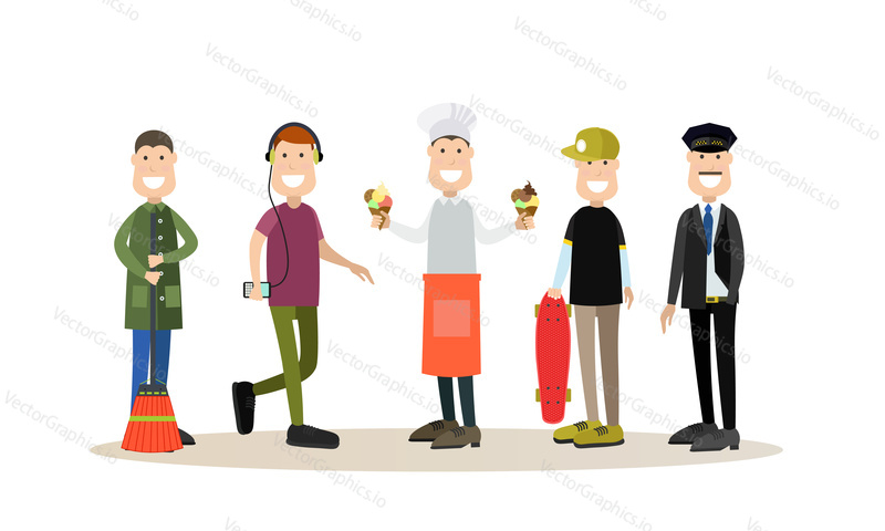Vector street people icon set. Janitor or street sweeper, icecream salesman, skateboarder, taxi driver and young man in headphones listening to music flat style design elements.