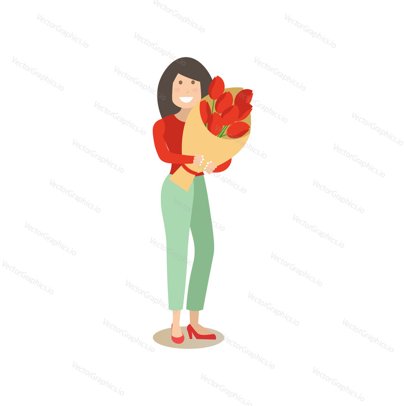 Vector illustration of happy young woman with bouquet of flowers. People and relations concept flat style design element, icon isolated on white background.