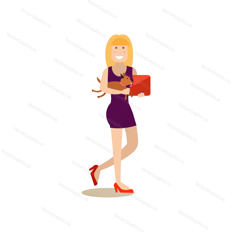 Vector illustration of woman holding her dog while walking in the street. Pet owner and her puppy flat style design element, icon isolated on white background.