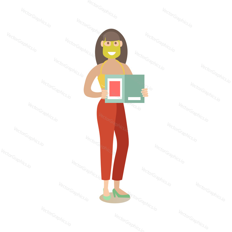 Векторная иллюстрация молодой женщины, наслаждающейся косметическим уходом за лицом во время чтения книги. Элемент дизайна в плоском стиле Spa people, значок, выделенный на белом фоне.