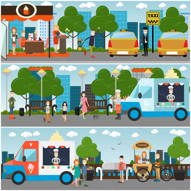Vector set of city street concept design elements. Urban street with taxi stand, cafe, park and embankment with ice cream truck and coffee bike, people taking rest, buying food. Flat style design.