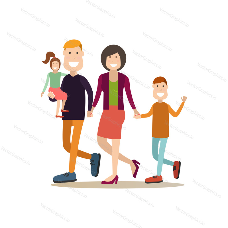 Happy family vector illustration. Father, mother, daughter and son walking together. People and relations concept flat style design element, icon isolated on white background.