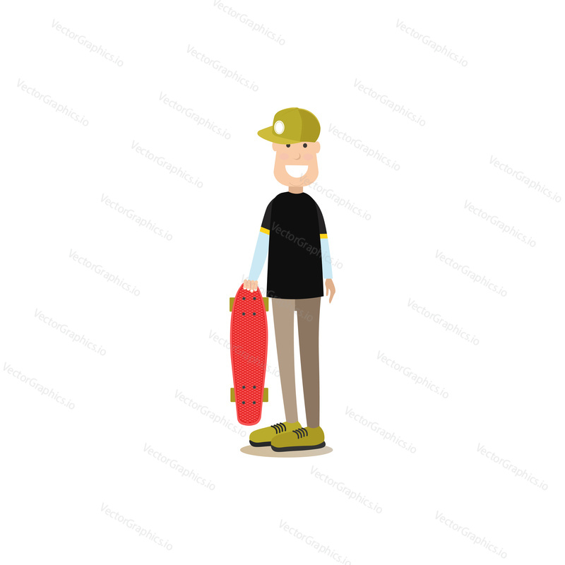 Vector illustration of cool boy in cap holding skateboard. Street people flat style design element, icon isolated on white background.
