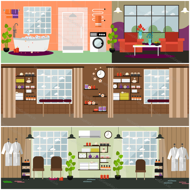 Vector set of spa interior flat concept posters, banners. Spa salon or wellness centre with furniture and accessories for spa and massages. Domestic bathroom and living room interior.