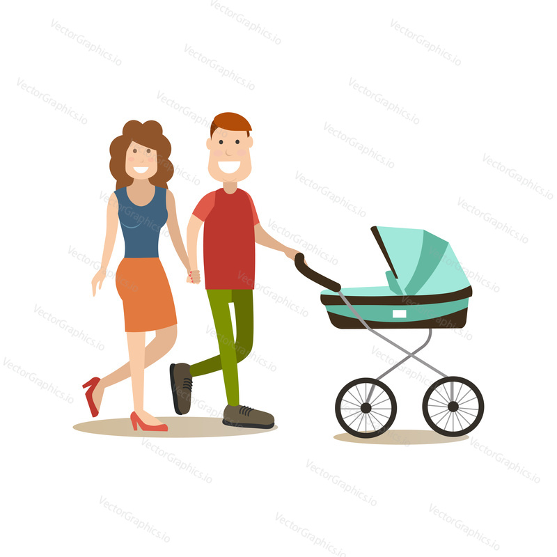 Семейная пара с новорожденным ребенком в коляске прогуливается вместе. Концепция людей и отношений элемент дизайна в плоском стиле, значок, выделенный на белом фоне.