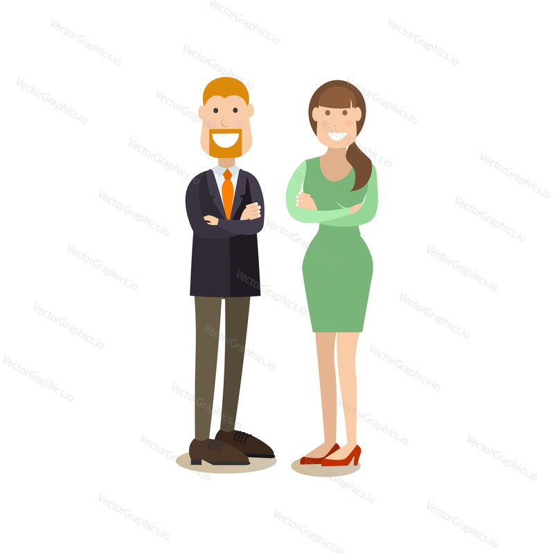 Vector illustration of smiling man and woman colleagues standing with arms crossed. Business people flat style design elements, icons isolated on white background.