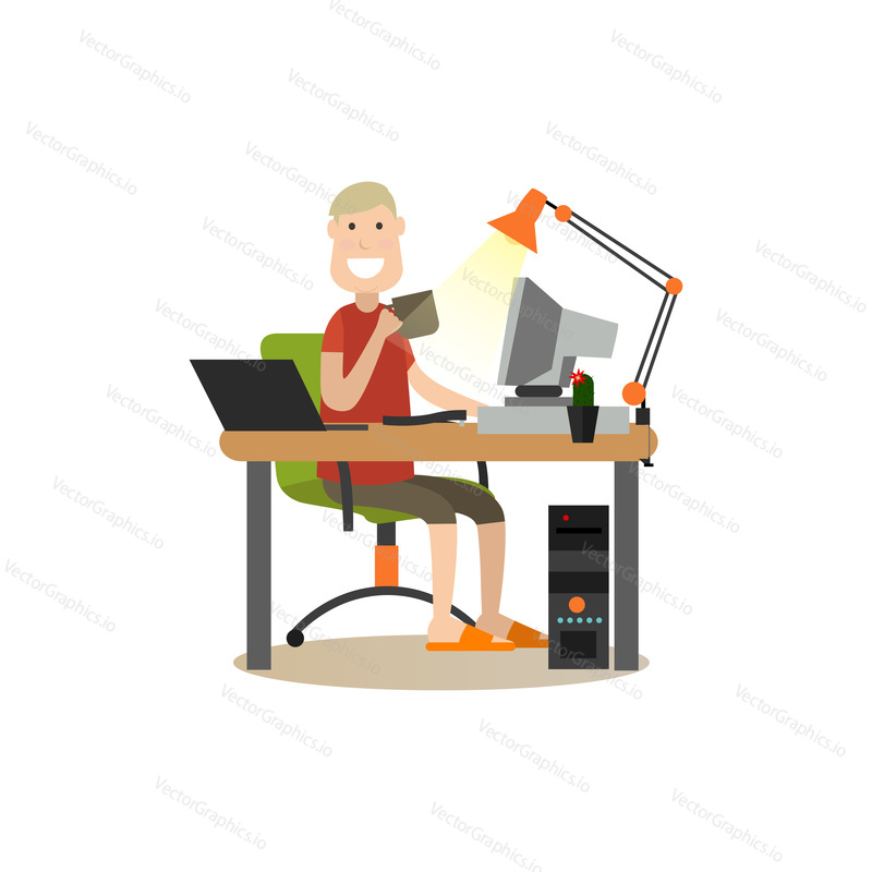Vector illustration of office worker male sitting at the table, using computer and surfing the net while drinking tea. Internet people flat style design element, icon isolated on white background.