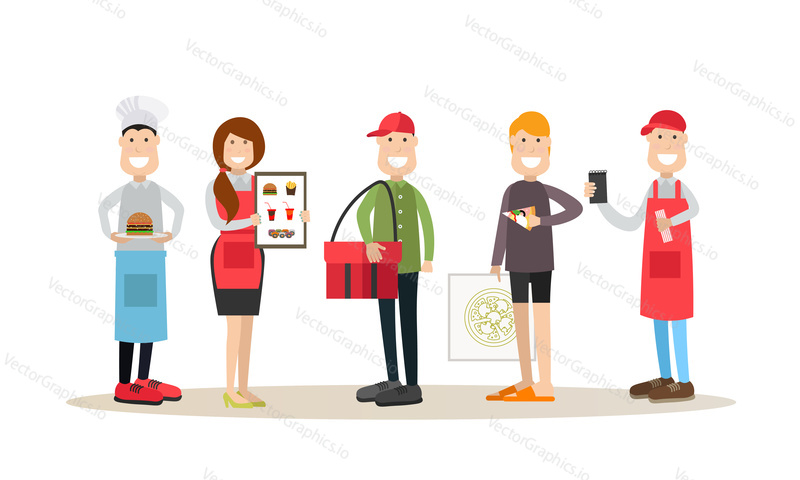 Fast food restaurant people vector illustration. Chef or cook, waiter, waitress, delivery man and visitor male with pizza. Food people flat cartoon characters isolated on white background.