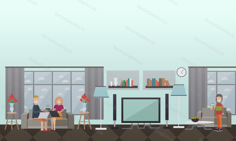 Vector illustration of people using laptops, digital tablet for social networking, online shopping, reading news etc. at home. Living room interior. Home Wi-Fi network concept. Flat style design.