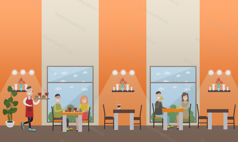 Vector illustration fast food cafe or restaurant interior with waiter serving burgers and soft drinks to visitors sitting at table. Flat style design.