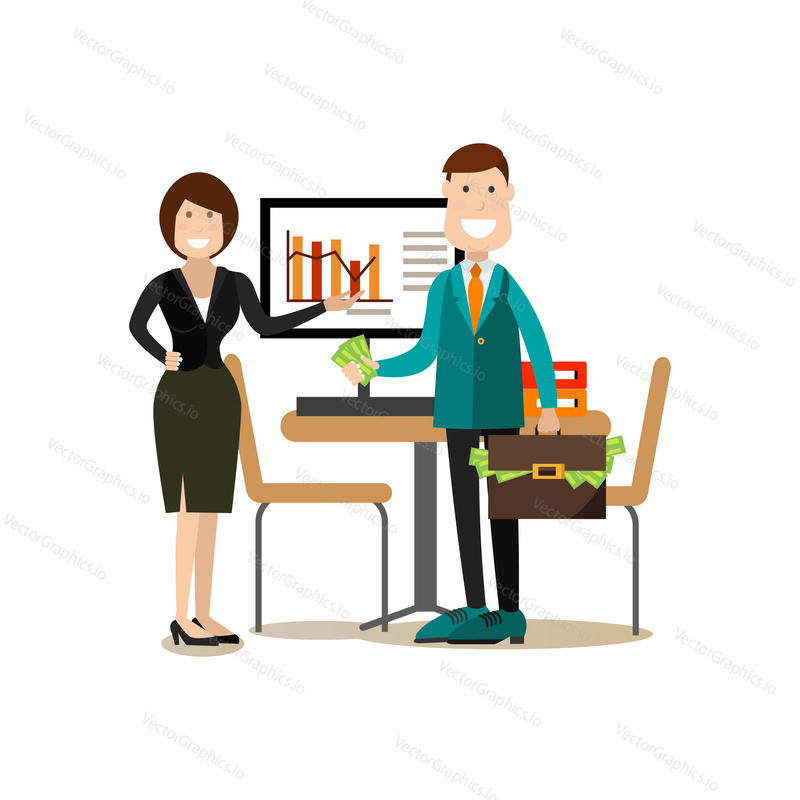 Business conference concept vector Illustration. Woman pointing at graph and successful man with paper money. Business people meeting flat style design elements, icons isolated on white background.