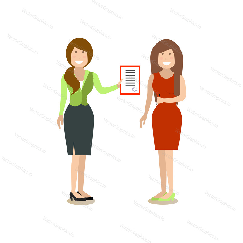 Vector illustration of happy woman receiving certificate after completing workshop, course, training. Business people flat style design elements, icons isolated on white background