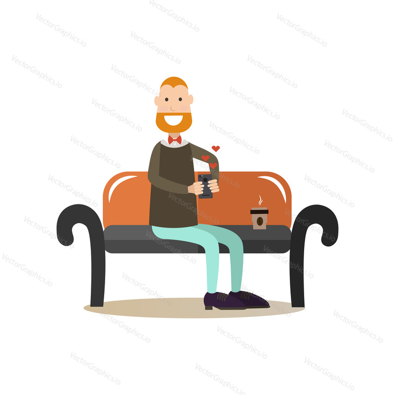 Vector illustration of man sending love e-mail messages using smart phone while sitting on park bench. Mobile internet concept. Internet people flat style design element isolated on white background.