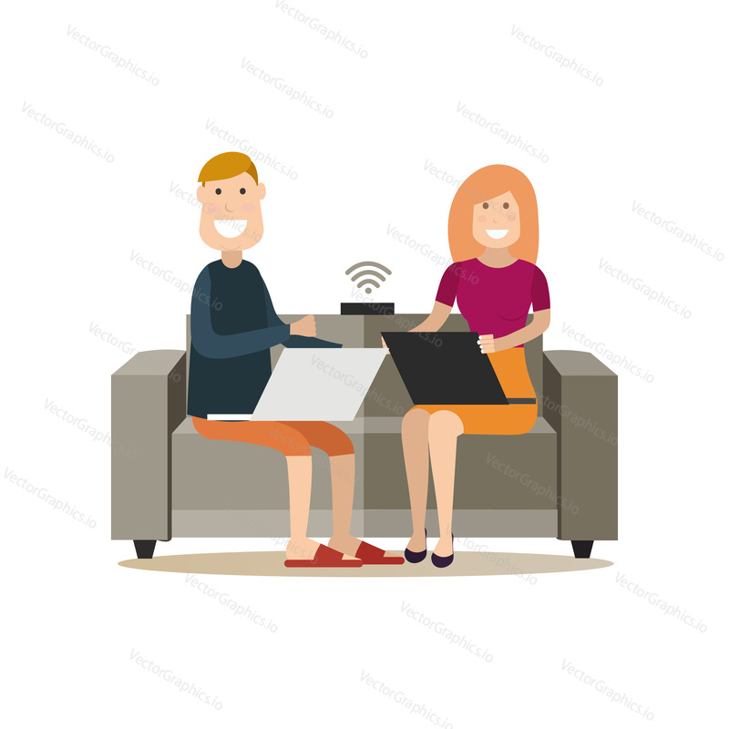 Vector illustration of couple using laptops while taking rest sitting on sofa. Home Wi-Fi network concept. Internet people flat style design element, icon isolated on white background.