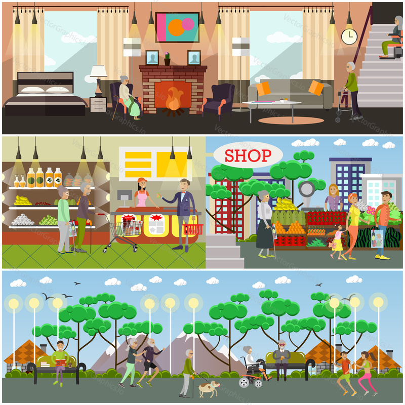 Vector set of aged people posters, banners. Elderly people at home, doing shopping, walking in park flat style design elements.