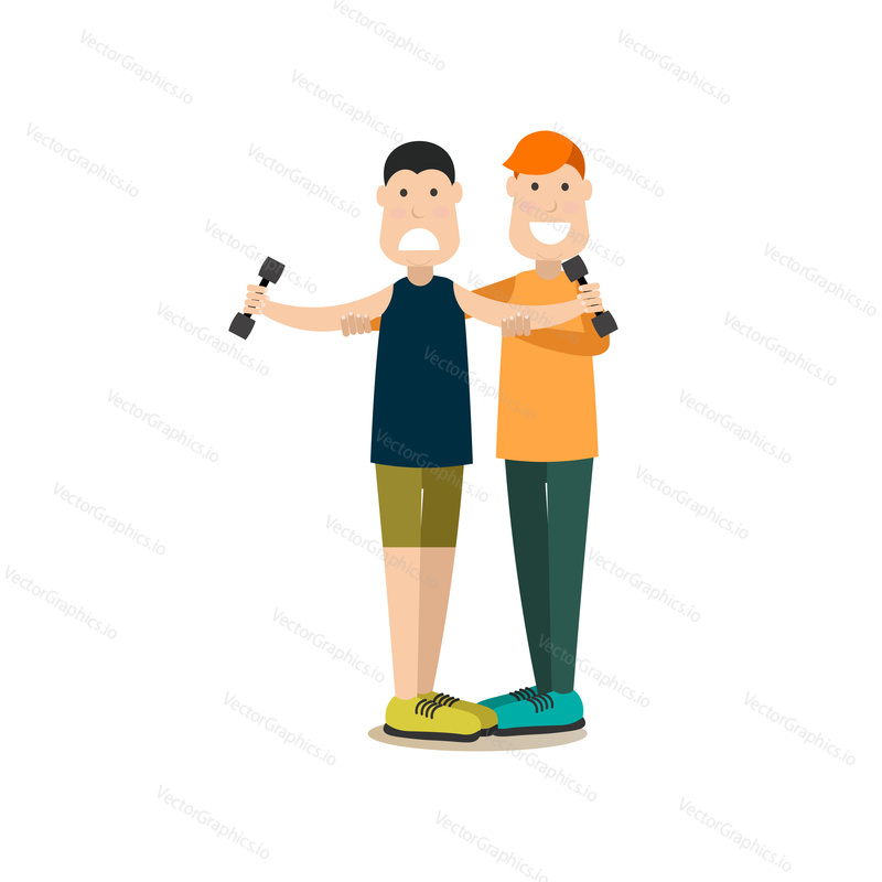 Vector illustration of fitness instructor or gym personal trainer and man exercising with dumbbells. Gym people flat style design element, icon isolated on white background.