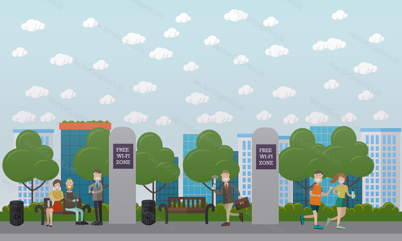 Free Wi-Fi zone in the park concept vector illustration. People using internet smart phones while sitting on bench, walking along the street. Flat style design.