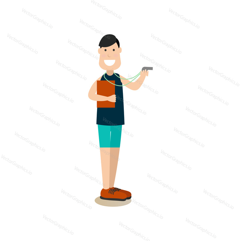 Vector illustration of gym trainer instructor with whistle and notepad. Gym people flat style design element, icon isolated on white background.