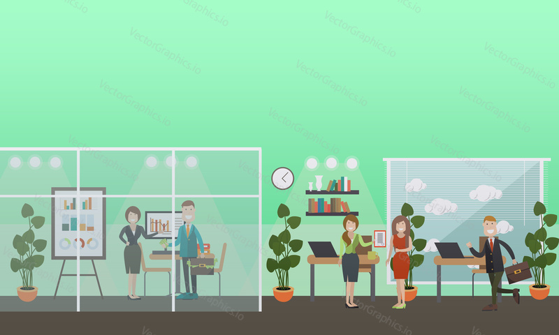 Vector illustration of business people giving presentation, receiving certificate after completing workshop or seminar. Office interior. Flat style design.