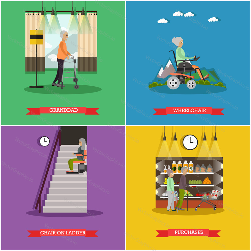 Vector set of aged people posters. Granddad, Wheelchair, Stair lift and Purchases flat style design elements.