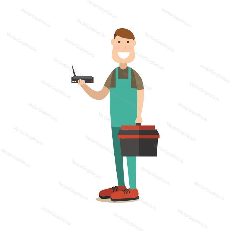 Vector illustration of worker holding tool box in one hand and wifi router in the other. Wireless connection concept. Internet people flat style design element, icon isolated on white background.