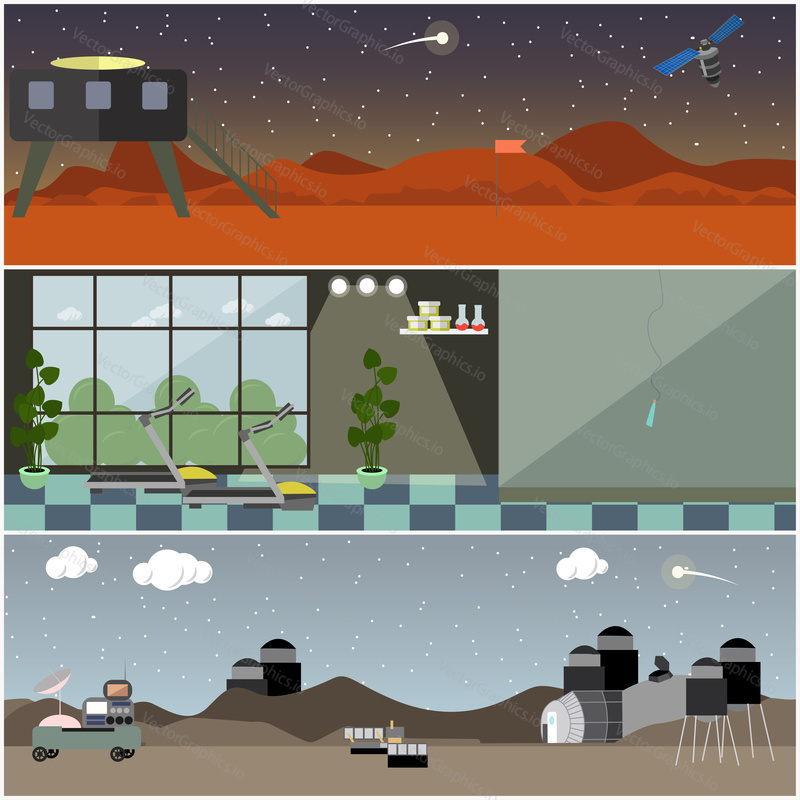 Vector set of space interior posters, banners. Astronaut training center, Mars and the Moon surface with space exploration equipment flat style design elements.