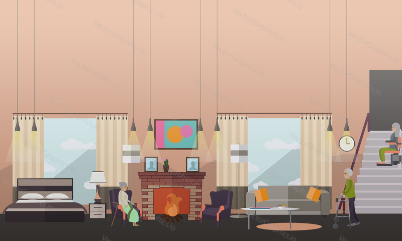 Vector illustration of aged people at home. Elderly woman sitting in armchair at fireplace, senior man and woman moving in the room using walkers and chair lift for stairs. Flat style design.