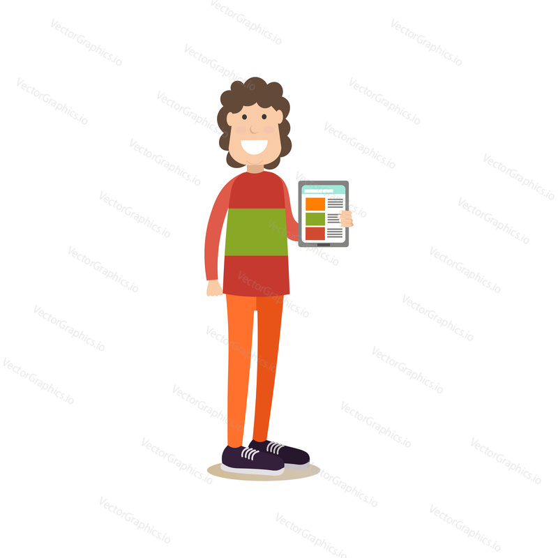 Vector illustration of man using tablet internet. Internet people flat style design element, icon isolated on white background.