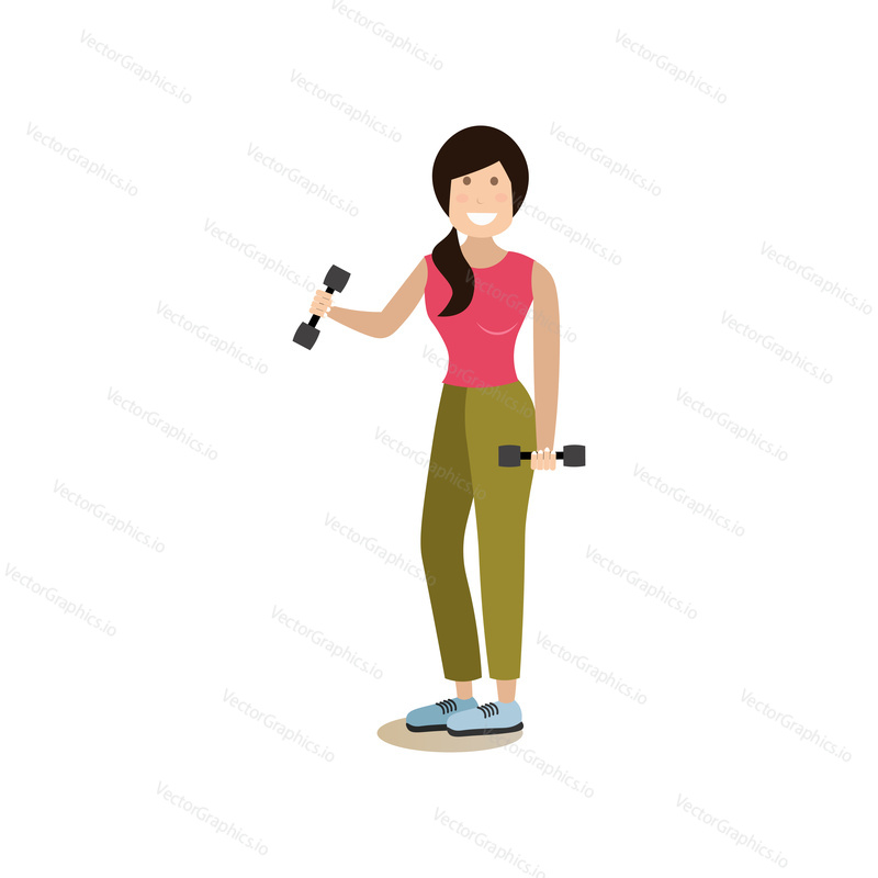 Векторная иллюстрация красивой фитнес-девушки, тренирующейся с гантелями. Элемент дизайна в плоском стиле Gym people, значок, выделенный на белом фоне.