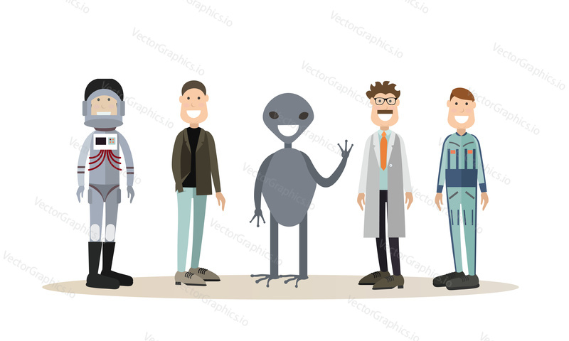 Vector illustration of astronauts, alien, scientist, doctor cartoon characters. Space people flat style design elements, icons isolated on white background.