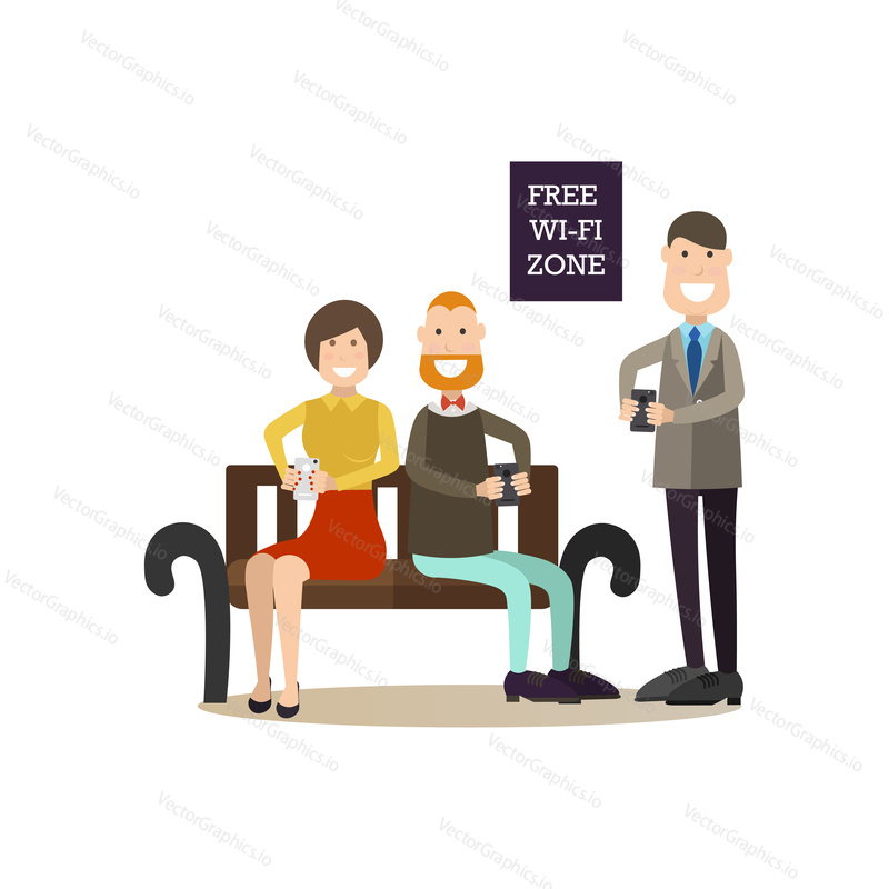 Vector illustration of happy people using smart phones. Free Wi-Fi zone concept. Internet people flat style design element, icon isolated on white background.
