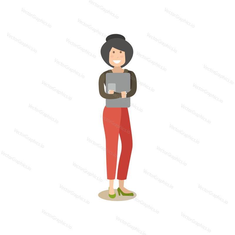 Vector illustration of woman holding laptop. Internet people flat style design element, icon isolated on white background.