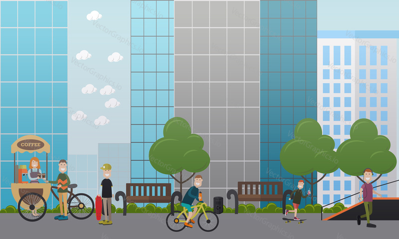 City street concept vector illustration in flat style. Street food cart or tricycle coffee bike, sports ramp and people buying coffee to go, riding bicycle and skateboard. Flat style design.