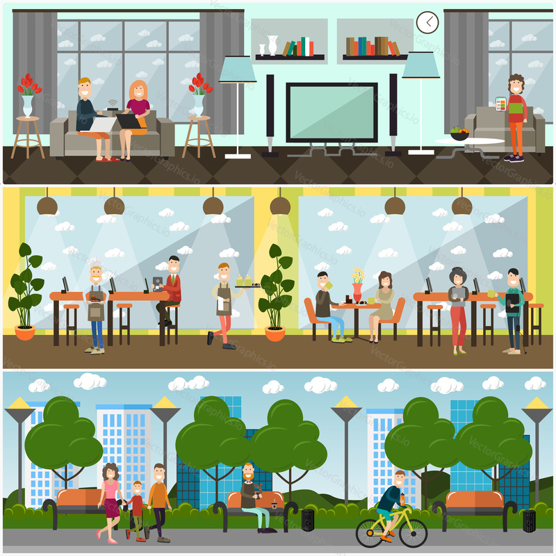 Vector set of internet posters, banners. People using network at home, in internet club and in park while taking rest or working. Types of internet connections concept flat style design elements.